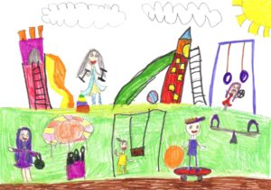 A child's drawing of a backyard in marker