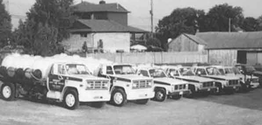 black and white photograph of a row of pick up trucks
